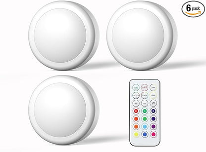 SEMSMOKS Battery Operated LED Puck Lights with Wireless Remote, 13 Color RGB - for Closet, Bedroom Wall, Under Cabinet, Battery Powered Push Lights. Convenient 3M Stick On(White, 3-Packs)