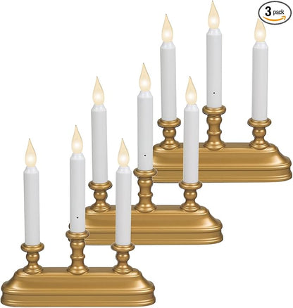 Xodus Innovations FPC1330B-3 Battery Operated 10" Window Candles with Tilt to Change Flame Color and Dusk to Dawn Light Sensor with 3 Candelabra Base (Pack of 3), Gold/Antique Brass