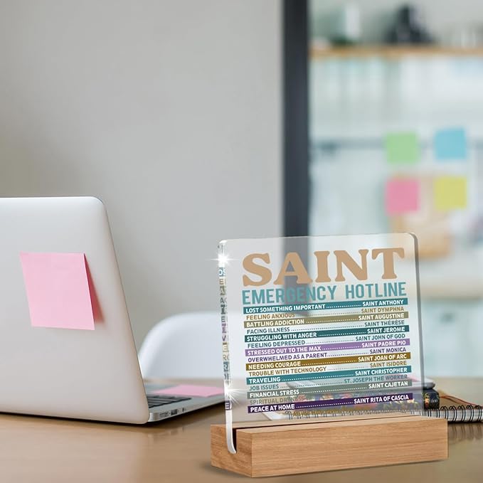Catholic Gifts for Women Men, Christian Religious Gifts for Women Men Chaplain Coworker Friend Bestie Sister, Saint Emergency Hotline Sign, Saint Prayer Gift Acrylic Plaque Home Office Desk Decor