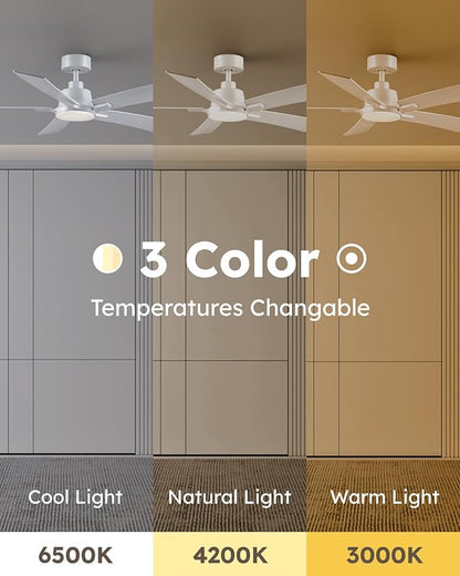 46 Inch Ceiling Fans with Lights and Remote, White Ceiling Fan, Downrod Style with 5 Blades, Modern Design For Indoor Bedroom Living Room/Outdoor, 6 Speed Reversible DC Motor, 3CCT Dimmable LED