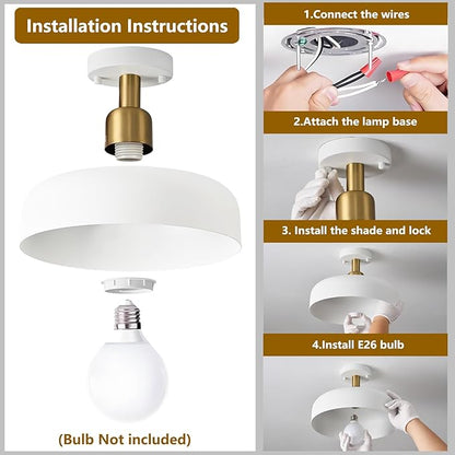 Modern Semi Flush Mount Ceiling Light,Mid Century Hallway Ceiling Light Fixture,E26 Ceramic Lamp Head,White and Gold Light Fxiture Ceiling for Kitchen Entryway Bedroom Hall Entry (12.6 in)