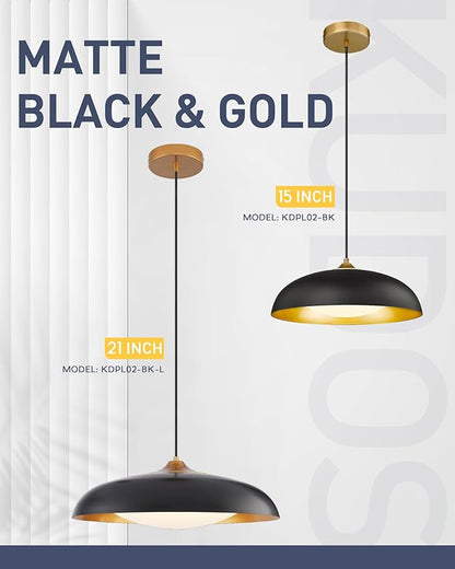 kudos 21 Inch Large LED Large Pendant Light, Black and Gold Dome Metal Pendant Light with Acrylic Shade, Farmhouse Pendant Light with Adjustable Cord,5CCT, Kitchen Bar Study Room, KDPL02-BK-L