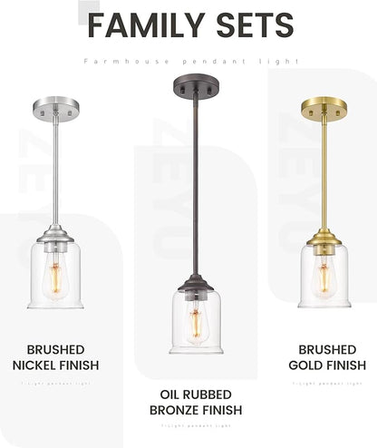 zeyu Gold Pendant Light, Mid Century Chandelier, 1-Light Hanging Fixture for Dinning Room Bedroom, Clear Glass Shade, Brushed Gold Finish, ZSL104MIL BG