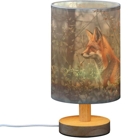 Table Lamp Fox in Forest Nightstand Lamp with Wood Base Fabric Lamp Shade Bedside Desk Lamp for Living Room Bedroom Kids Room Office