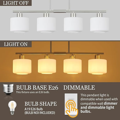 4-Light Brushed Nickel Kitchen Island Lighting, Modern Linear Dining Room Chandelier Light Fixtures with Milk Glass and Chain, Mid Century Hanging Lights for Kitchen Island, OS-YQ8153-4ISBNW
