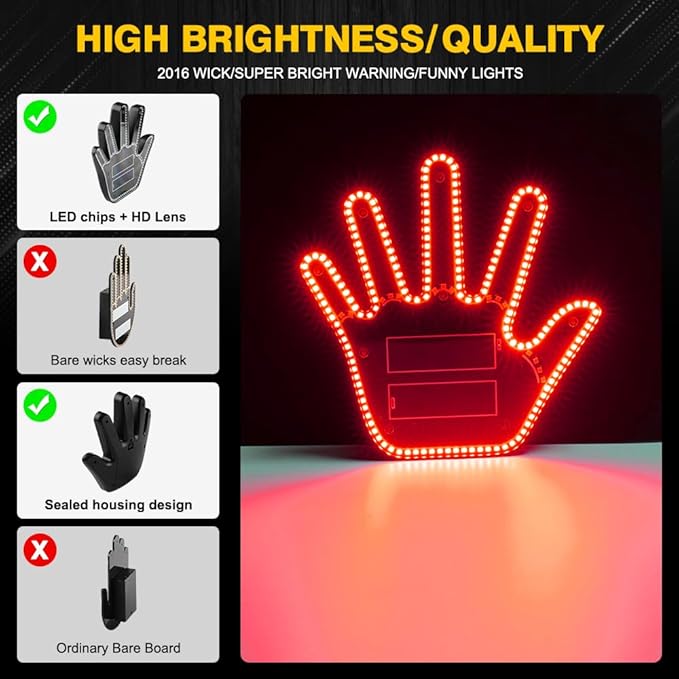 LED Gesture Light Comical Car Finger Light with Remote Ideal Gifted Car Accessories Funny Back Window Sign Car Gadget & Road Rage Sign Give The Love & Wave & Yead to Drivers-Red