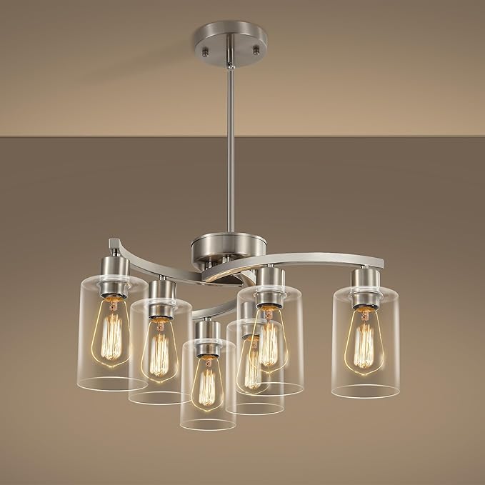 CNRATYE 6-Light Brushed Nickel Chandeliers for Dining Room Light Fixtures Over Table, Adjustable Height Hanging Industrial Pendant Lighting for Kitchen Island Bedroom, Clear Glass Shade