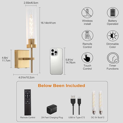 Battery Operated Wall Sconce,Rechargeable Wall Light 8000mAh Fast Chargin Dimmable 3000K/6000K 2Color Bulbs Endurance 100 Hours Infinitely with Remote Control Wall Sconce Set of 2 for Bedroom Living