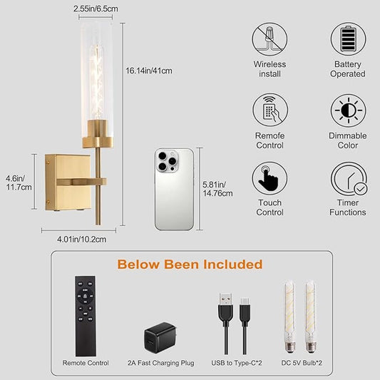 Battery Operated Wall Sconce,Rechargeable Wall Light 8000mAh Fast Chargin Dimmable 3000K/6000K 2Color Bulbs Endurance 100 Hours Infinitely with Remote Control Wall Sconce Set of 2 for Bedroom Living