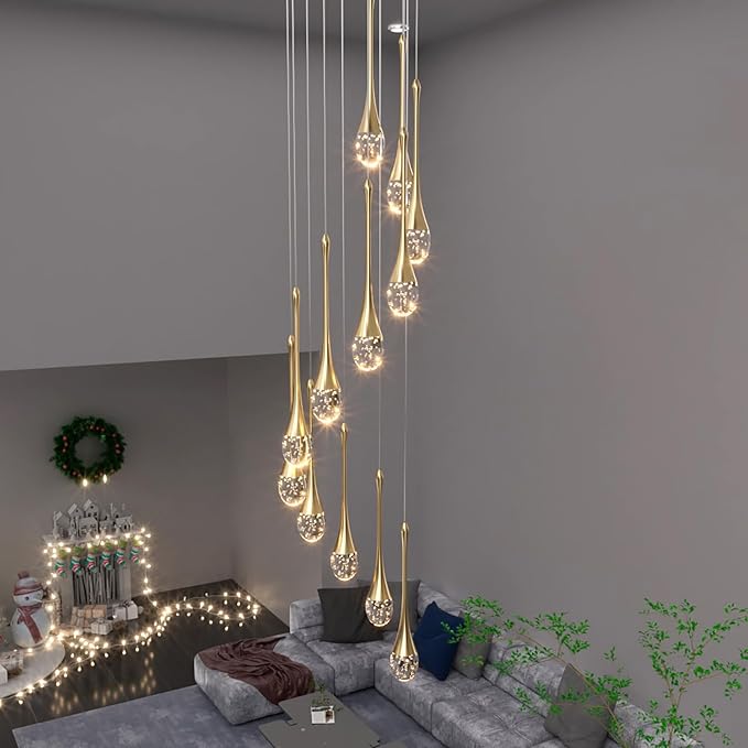 ykolupty 12-Lights Staircase Chandelier Gold Pendant Light Fixture for Sloped High Ceiling Raindrop Chandelier for Living Room Foyer Hallway Villa