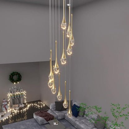 ykolupty 12-Lights Staircase Chandelier Gold Pendant Light Fixture for Sloped High Ceiling Raindrop Chandelier for Living Room Foyer Hallway Villa