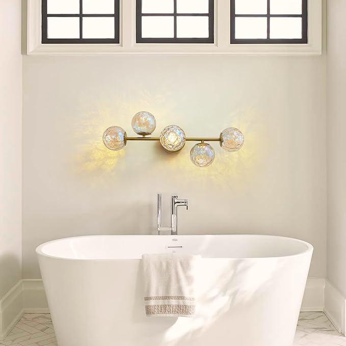 Gold LED Bathroom Vanity Light: 5-Light Stained Hammered Glass Colorful Globes Brass Vanity Lights Fixture over Mirror for Bath Room Makeup - Unique Mid Century Modern Brushed Gold Entryway Wall Light