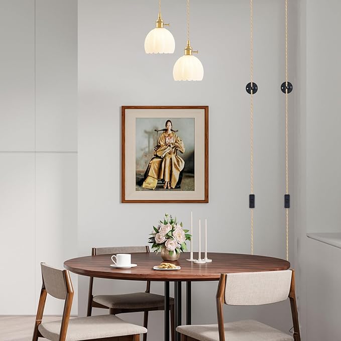 2 Pack Plug in Pendant Light Fixtures, Hanging Light Fixture Vintage Glass Pendant Light, Mini Milk White Tulip Hanging Lamp, Pendant Lighting for Kitchen Island, Bedroom, Dining Room, Living Room