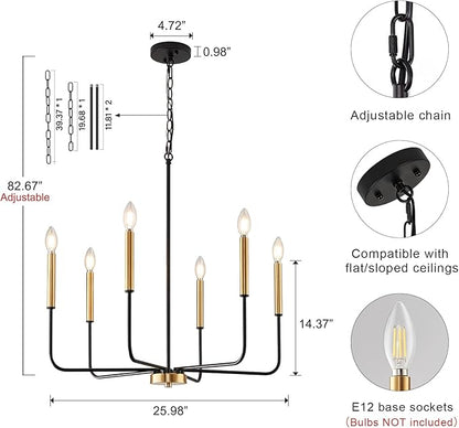 Black and Gold Chandelier, Modern Farmhouse Dining Room Light Fixture 6-Light Chandelier with Chain, Metal Hanging Lighting Fixtures Candle Dining Lights for Kitchen, Living Room, Bedroom,Foyer