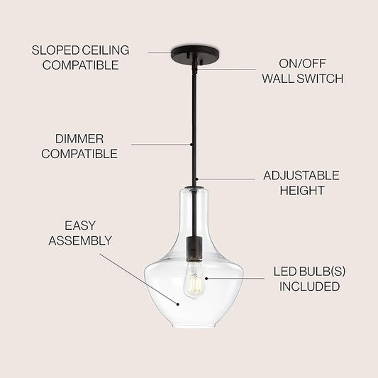 JONATHAN Y 10.5" Oil Rubbed Bronze/Clear Mid-Century Modern 1-Light LED Pendant Light Fixture, Adjustable Schoolhouse Hanging Lamp for Kitchen Island, Clear Glass Shade, LED Bulb Included (JYL6400B)