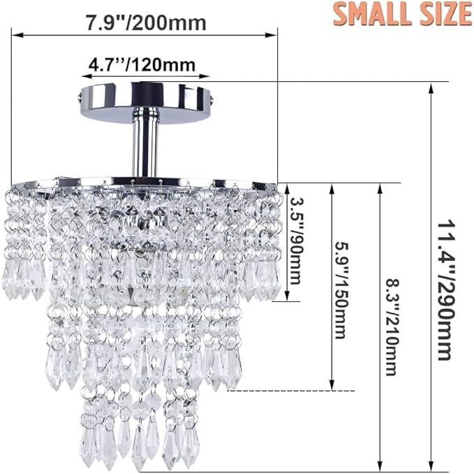 FRIXCHUR Small Crystal Chandelier Led Crystal Ceiling Lights 3 Tiers Crystal Raindrops Chandelier Pendant Lighting Fixture Decoration for Bedroom Hallway Living Room,Chrome, E26