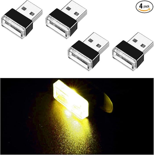Ziciner 4 PCS USB LED Car Interior Atmosphere Lamp, Portable Mini LED Night Light, Plug-in USB Interface Trunk Ambient Lighting Kit, Universal Car Interior Accessories (Yellow)