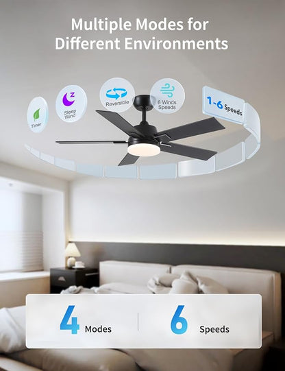 Rayqueen 42 Inch Ceiling Fans with Lights and Remote, 6 Speed Reversible DC Motor, 3CCT Dimmable LED, Black Modern Ceiling Fan for Bedroom, Living room & Covered Outdoor,Includes Downrod