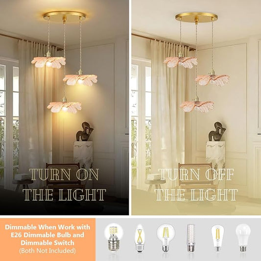 Amber Glass Pendant Chandelier, 3-Light Gold Brass Modern Light Fixture for Kitchen Island, Dining Table, Hallway & Entryway