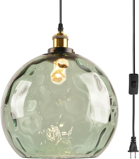 Plug in Vintage Pendant Light Green Glass Boho Hanging Swag Lamp with 13.8-inch Hammered Glass Globe Large Plug in Light Fixture Ceiling Hanging for Kitchen Dining Room Living Room