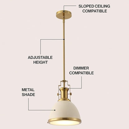 JONATHAN Y JYL9535F 10" Modern Industrial Dome Pendant Light, Farmhouse Hanging Light Fixture in Almond and Brass Gold, Adjustable Height Metal Lighting for Kitchen Island, Dining Room, Entryway