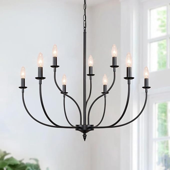 Black Chandelier, 9-Light Farmhouse Chandelier for Dining Room Lighting Fixtures Hanging, 2-Tier French Country Candle Chandeliers for Living Room Bedroom Foyer(Frosted Black)