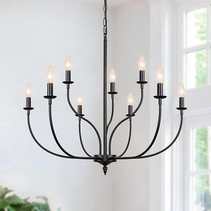 Black Chandelier, 9-Light Farmhouse Chandelier for Dining Room Lighting Fixtures Hanging, 2-Tier French Country Candle Chandeliers for Living Room Bedroom Foyer(Frosted Black)