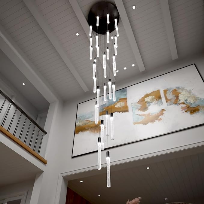D28inxH177in Long Crystal Column Chandelier Large Black Staircase Chandelier for High Ceiling 30-Light Dimmable LED Pendant Lighting Foyer Entryway Light Source is Replaceable