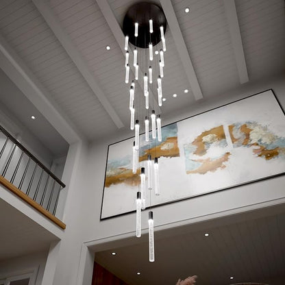 D28inxH177in Long Crystal Column Chandelier Large Black Staircase Chandelier for High Ceiling 30-Light Dimmable LED Pendant Lighting Foyer Entryway Light Source is Replaceable