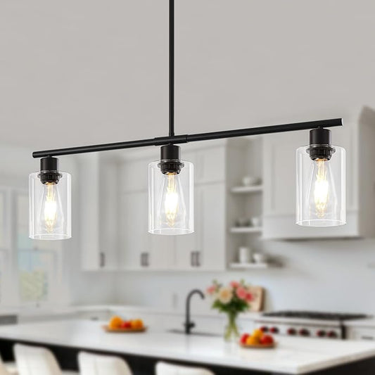 Modern Island Lights for Kitchen, Clear Glass Pendant Lighting Over Island Kitchen Hanging Light Fixtures 3-Light Black Farmhouse Chandelier for Dining Room Foyer Living Room