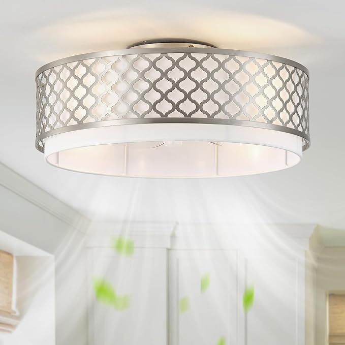 20" Silver Flush Mount Ceiling Fan with Light, Boho Ceiling Fans with Lights Low Profile, Enclosed with Remote Control 6 Speeds for Living Room, Bedroom, Nursery