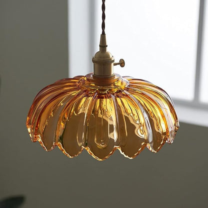 LITFAD Scalloped Glass Flower Ceiling Hanging Light Industrial Single Dining Room Hanging Pendant Light Retro Pendant Lamp for Restaurant Hallway Bar Dining Room - 110V-120V Tan