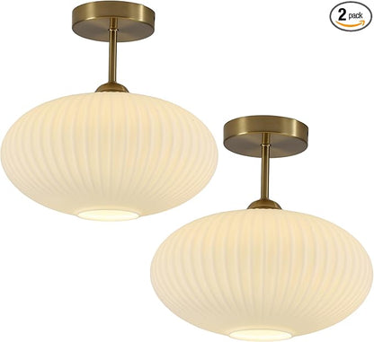 Ribbed Milk Glass Flush Mount Ceiling Light Mid Century Modern Entry Light Fixture White Semi Flush Mount Lights Gold Globe Hallway Ceiling Light (2 Pack)
