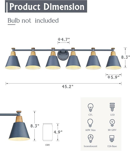 FEMILA Vintage Bathroom Light Fixtures, 45.3" Vanity Lighting Fixtures Over Mirror, 6 Light Vanity Light, Blue Finish, 4FG59B-6W Blue