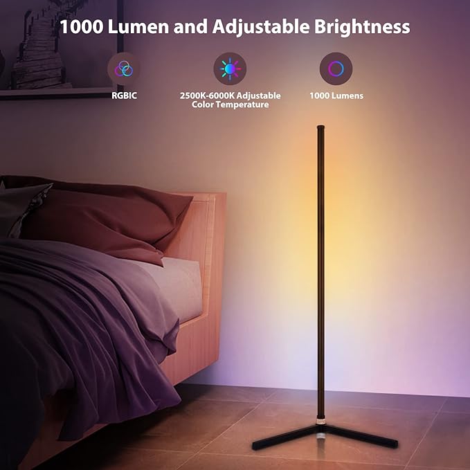 WISIMMALL 2PCS RGB Corner Floor Lamp, 64.5" RGB Color Changing Mood Light Bluetooth APP and Remote Control Music Sync LED 398 Dimmable Modes Modern Floor Lamp for Living Room, Light Timing