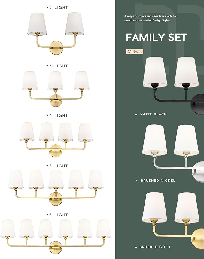 Bathroom Light Fixtures, 5 Light Brushed Gold Vanity Lights with Flared White Fabric Shade, 35 Inch Wall Sconce, Modern Sconces Wall Lighting for Hallway Bedroom, VL837-BG-5