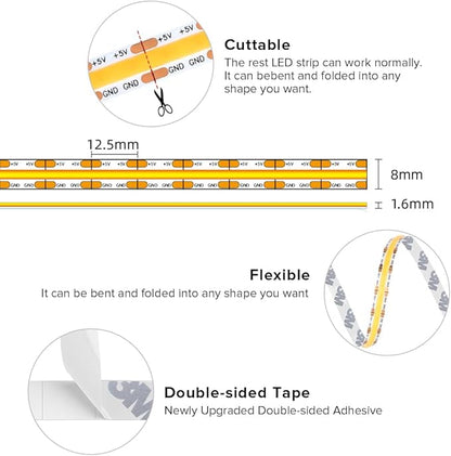 BTF-LIGHTING FCOB COB FOB LED Strip Lights 5V USB Powered 3.28FT 320LEDs Cool White 6000K 8mm Width Dimmable CRI 90+ with 3M Tape Flexible High Density for 3D Printer TV Backlight PC DIY Decor