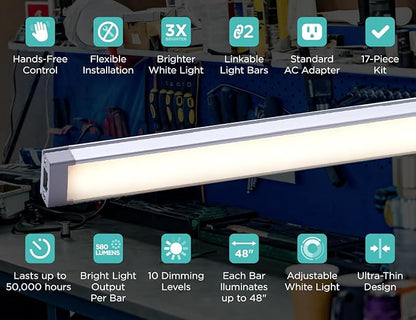 PureOptics LED Under Cabinet Light Kit, Motion Sensor, Dimmable, Linkable, 3 Color Settings, Tool-Free, Utility Light, Closets, Garage, Pantry, (1) 24" Bars