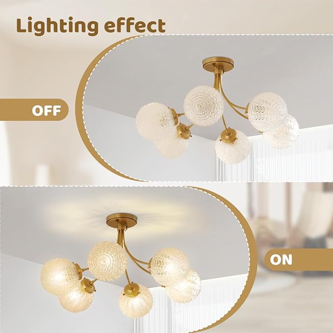 Glass Chandelier 6-Light Vintage Flush Mount Ceiling Light Gold Chandelier, Snowflake Globe Shade, Sputnik Brass Ceiling Light, Dining Room Chandelier for Kitchen Bedroom Living Room