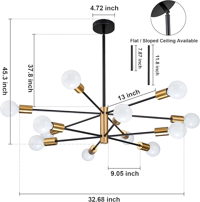 SINERISE Modern Sputnik Chandelier Light Fixture, 12-Light Chandelier Ceiling Light Fixture Black and Gold Mid Century Chandelier Height Adjustable for Kitchen, Living Room, Bedroom, Hallway and Foyer