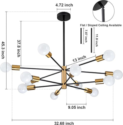 SINERISE Modern Sputnik Chandelier Light Fixture, 12-Light Chandelier Ceiling Light Fixture Black and Gold Mid Century Chandelier Height Adjustable for Kitchen, Living Room, Bedroom, Hallway and Foyer