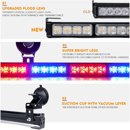 Xprite 35.5" Traffic Advisor Light Bar, Red Blue LED Strobe Police Light Bar with 21 Flash Patterns, Suction Mount & Cigarette Plug, Emergency Warning Police Lights for Car, Truck, SUV