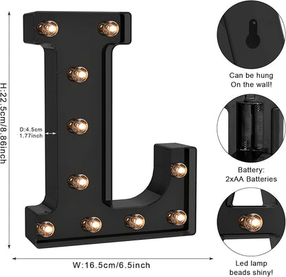 Foaky Black LED Letter Lights for Room Decor - Bedroom Wall Decor, Alphabet Lights for Home, Wedding, Party - Battery Operated （L）