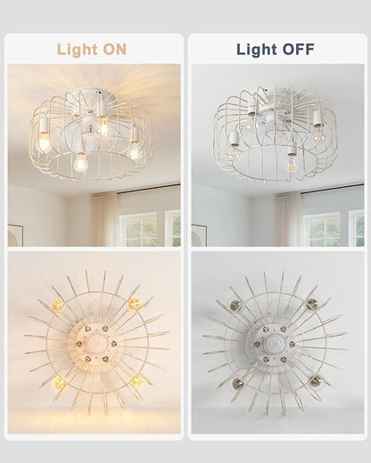Farmhouse Ceiling Fan with Lights and Remote, 18 inch Low Profile Flush Mount Industrial Ceiling Fan Chandelier, Rustic Enclosed Fan Light for Kitchen Dining Room Bedroom
