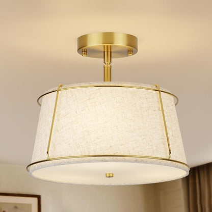 13'' Semi Flush Mount Ceiling Light Fixture,3-Light Gold Light Fixtures Ceiling Mount with Linen Drum Fabric Shade,Modern Close to Ceiling Lamp for Bedroom Dining Room Kitchen Hallway (Adjustable)