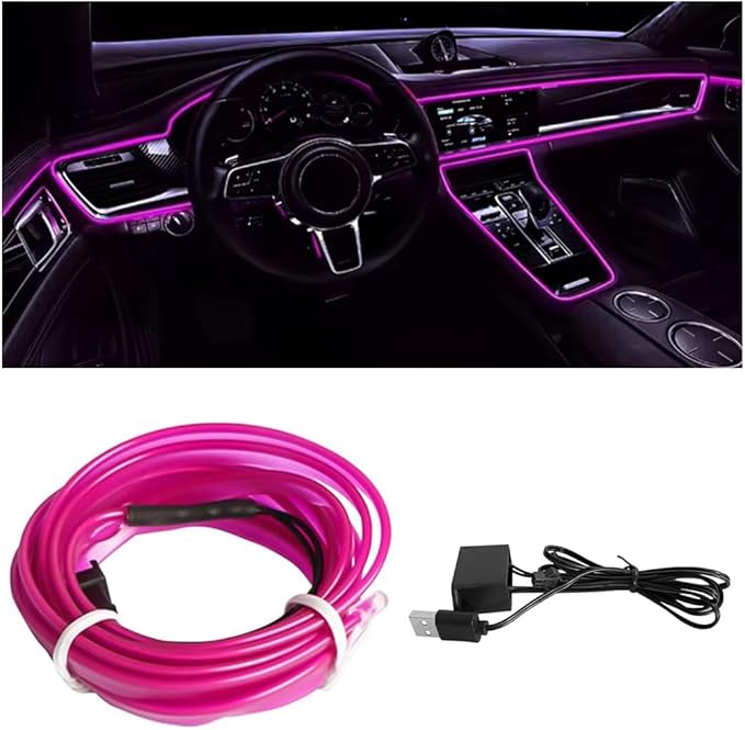 EL Wire Car Interior LED Strips Lights, 16FT 5V USB Auto Neon Light Strip, Electroluminescent Vehicle Interior Ambient Lighting Decor Accessories, Universal for RV, SUV, Truck (Purple)