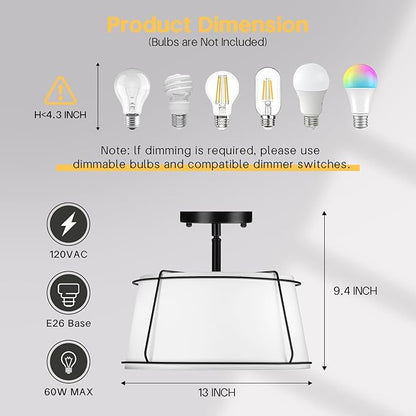 13'' Semi Flush Mount Ceiling Light Fixture, 3-Light Black Light Fixtures Ceiling Mount with White Drum Fabric Shade,Modern Close to Ceiling Light for Bedroom Dining Room Kitchen Hallway (Adjustable)