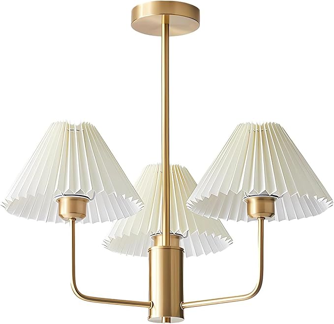 KCO Lighting 3-Lights Pleated Chandelier White Fabric Pendant Light Fixtures Mid Century Modern Gold Sputnik Chandelier Vintage Classic Chandeliers for Dining Room Bedroom