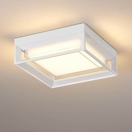 White Square Flush Mount Outdoor LED Ceiling Light Fixture, 120V 24W 3000K 9 inch Medium Overhead Porch & Patio Lights Ceiling Mounted, Waterproof Suitable for Wet Areas