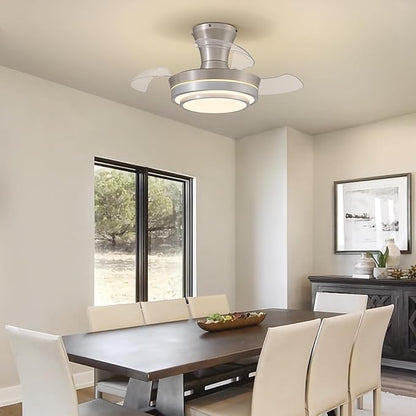 Retractable Small Led Ceiling Fan with Light and Remote 28 Inch Low Profile Brushed Nickle Modern Fandelier for Bedroom Living Room Dimmable 6 Speed Reversible Smart Ceiling Fan